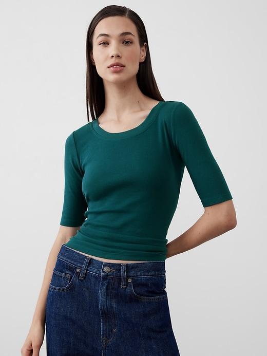 Ribbed Elbow-Sleeve T-Shirt Product Image