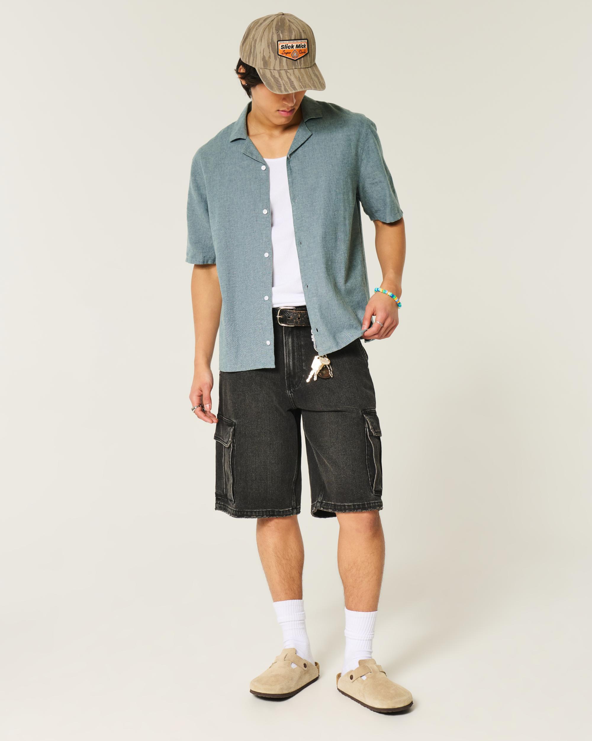 Boxy Short-Sleeve Linen-Blend Shirt Product Image