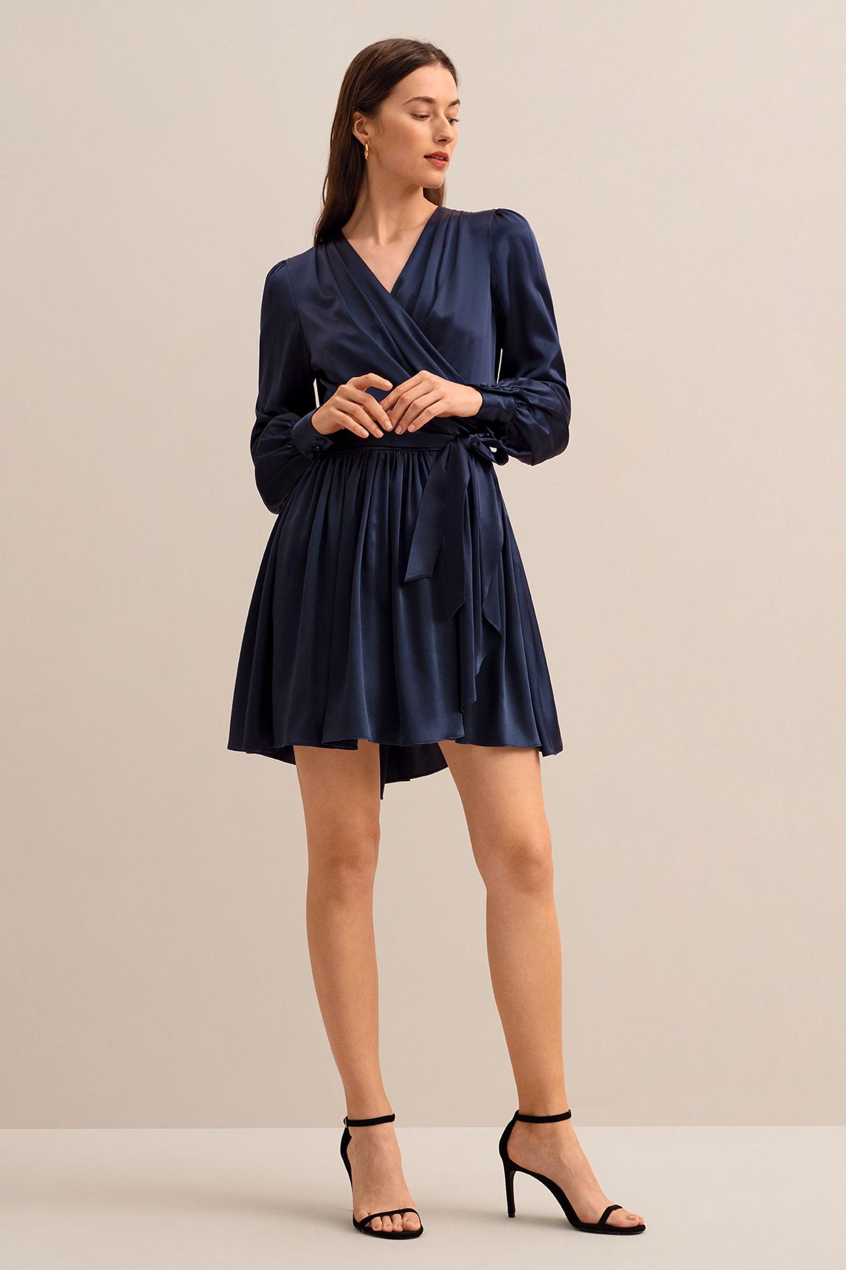 LILYSILK Long Sleeve Silk Dress for Women Navy Blue Pure Silk Glossy Puff Sleeves Skin-Friendly and Breathable S Product Image