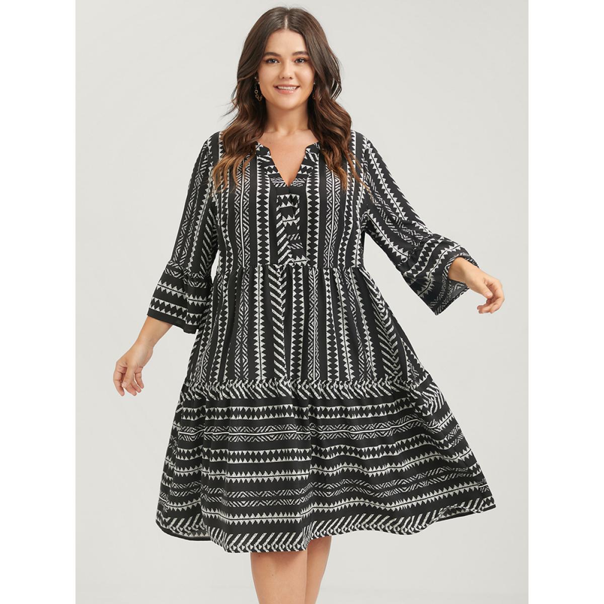 Plus Size Bloom Dress -Geometric Pocket Ruffles V Neck Knee Dress Black Women Vacation Pocket V-neck Elbow-length sleeve Curvy Knee Dress BloomChic 14-16/1X Product Image