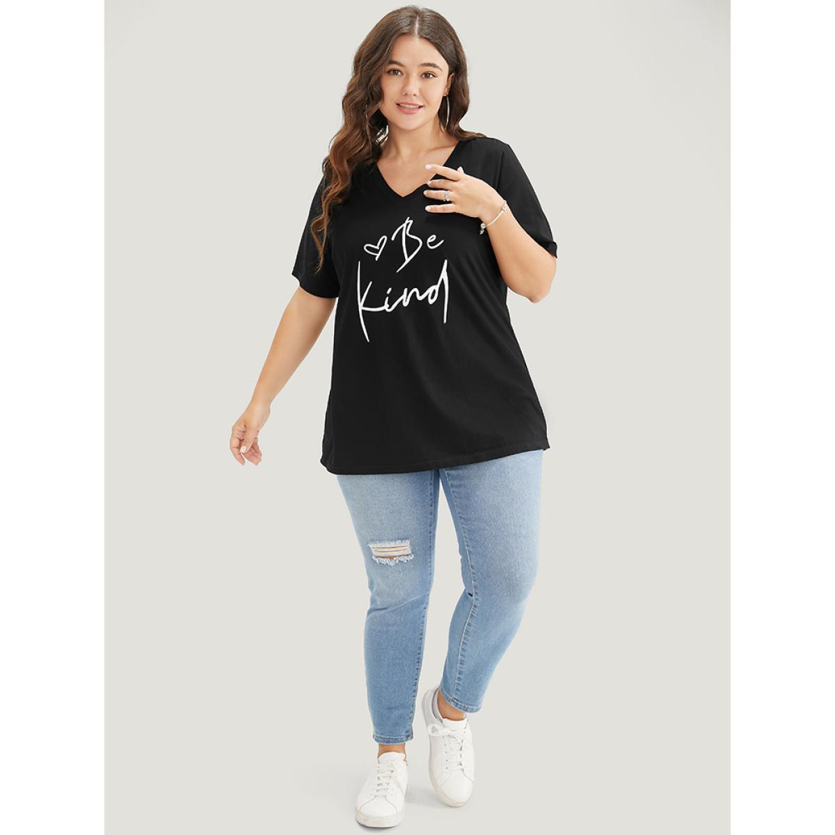 Plus Size Letter & Heart Print V Neck T-shirt Black Women Casual Letter Dailywear T-shirts BloomChic 10/M Product Image