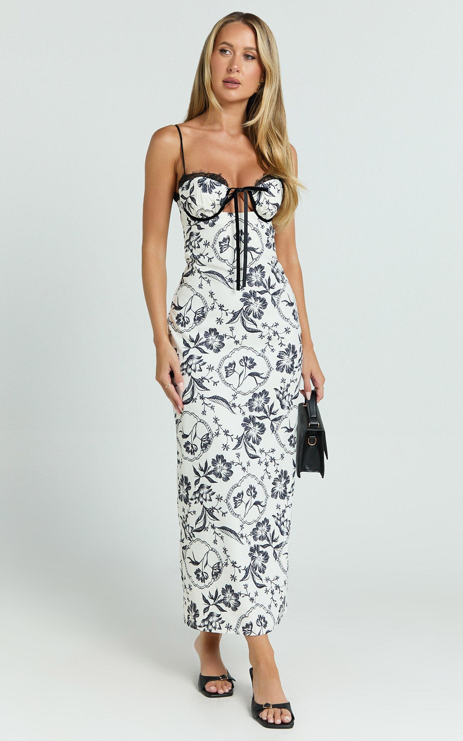 Helen Midi Dress - Strappy Balconette Tie Front Column Dress in Renaissance Floral Print Product Image