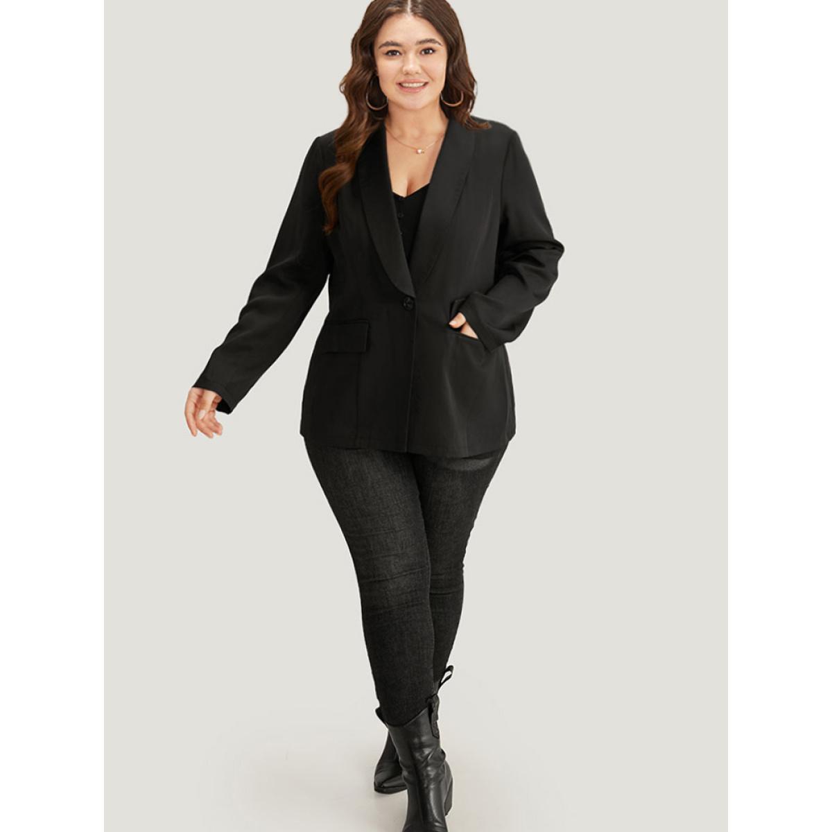 Plus Size Plain Suit Collar Button Up Pocket Blazer Black Women Work Plain Plain Sleeve Long Sleeve Suit Collar 22-24/3X Pocket At the Office Blazers BloomChic Product Image