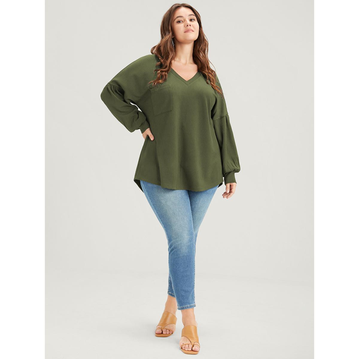 Plus Size Solid Drop Shoulder Pocket Arc Hem Rib Knit Sweatshirt Women ArmyGreen Elegant Plain V-neck Dailywear Sweatshirts BloomChic 18-20/2X Product Image