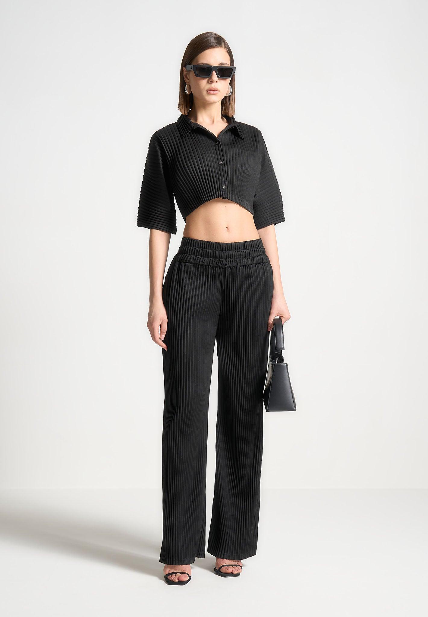 Pleated Cropped Shirt - Black Female Product Image