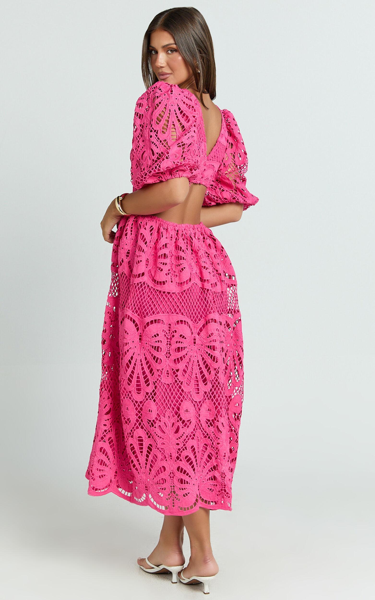 Anieshaya Midi Dress - V Neck Cut Out Lace Dress in Pink Product Image