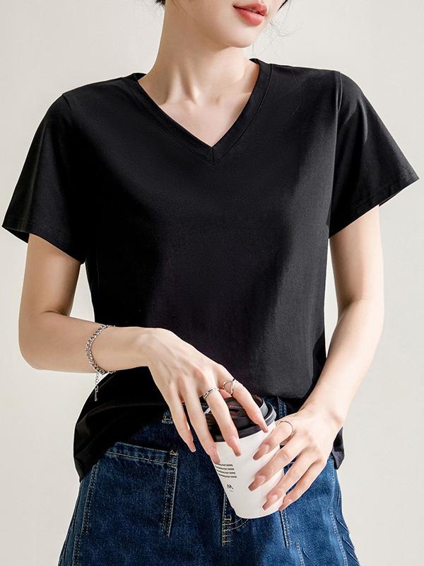 Loose Short Sleeves Solid Color V-Neck T-Shirts Tops Product Image