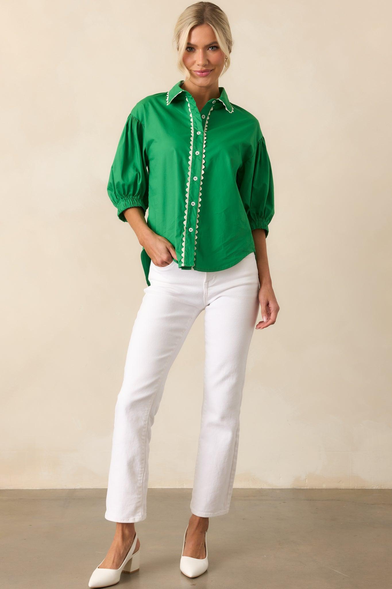 A Twist On Classic Green Cotton Button Front Top Product Image