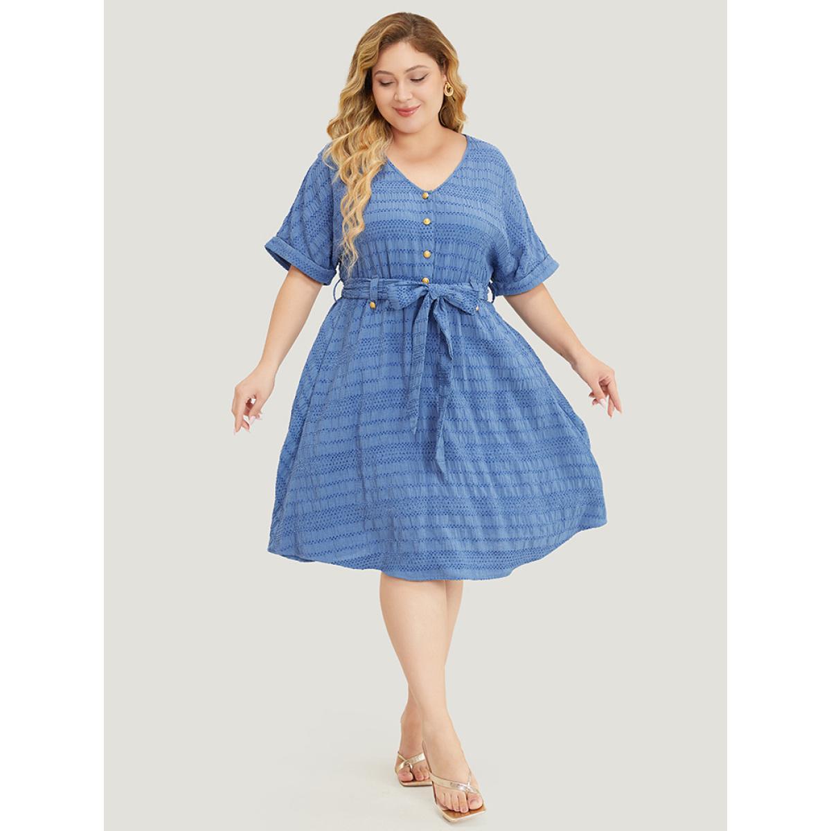 Plus Size Solid Textured Pocket Roll Batwing Sleeve Button Up Knee Dress Stone Women Office Cross straps V-neck Short sleeve Curvy Knee Dress BloomChic 28/5X Product Image