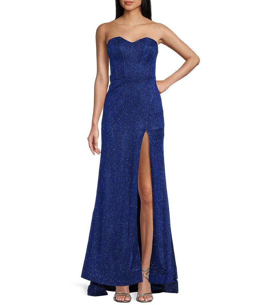 Honey and Rosie Strapless Sweetheart Neck Corset Front Slit Gown Product Image