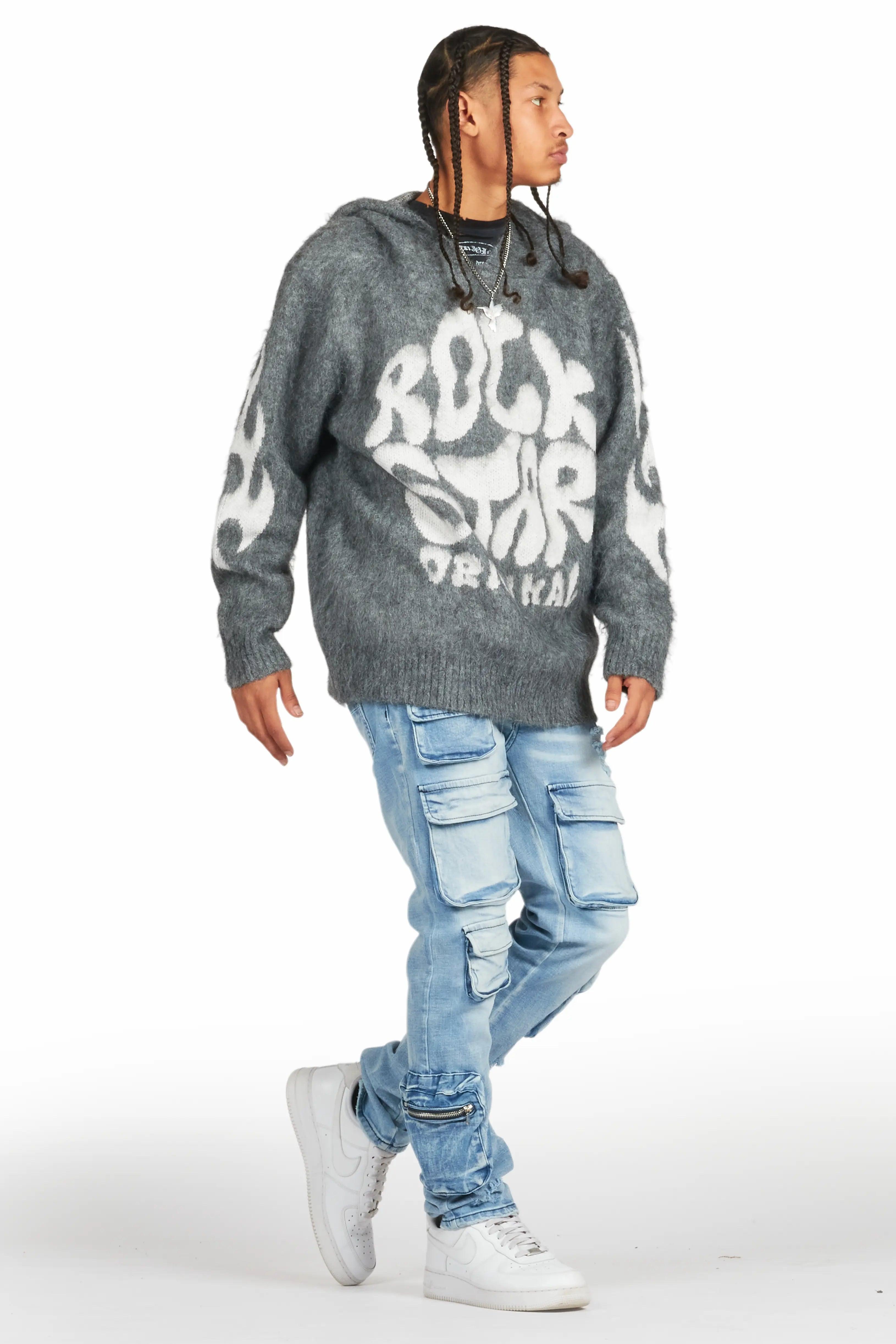 Hakon Grey Graphic Knitted Mohair Hoodie Male Product Image