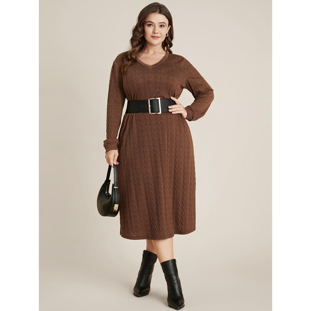 Plus Size Solid V Neck Cable Knit Pocket Textured Dress Without Belt Russet Women Elegant Pocket V-neck Long Sleeve Curvy Midi Dress BloomChic 30/6X Product Image