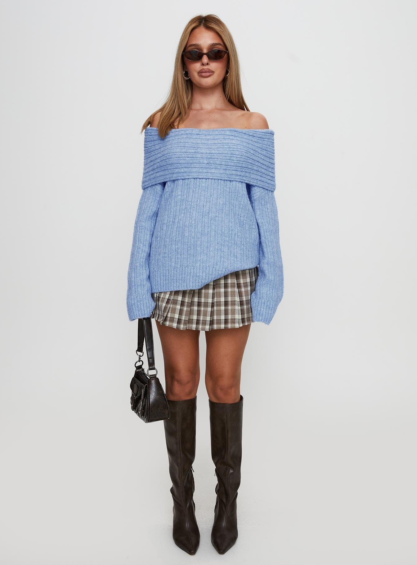 Snowie Off Shoulder Knit Sweater Blue Product Image