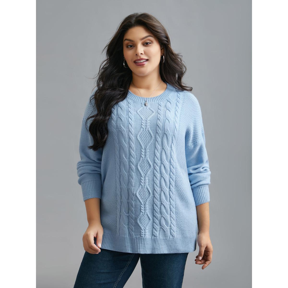 Plus Size Solid Round Neck Plisse Cable Knit Pullover LightBlue Women Casual Loose Long Sleeve Round Neck Everyday Pullovers BloomChic 22-24/3X Product Image