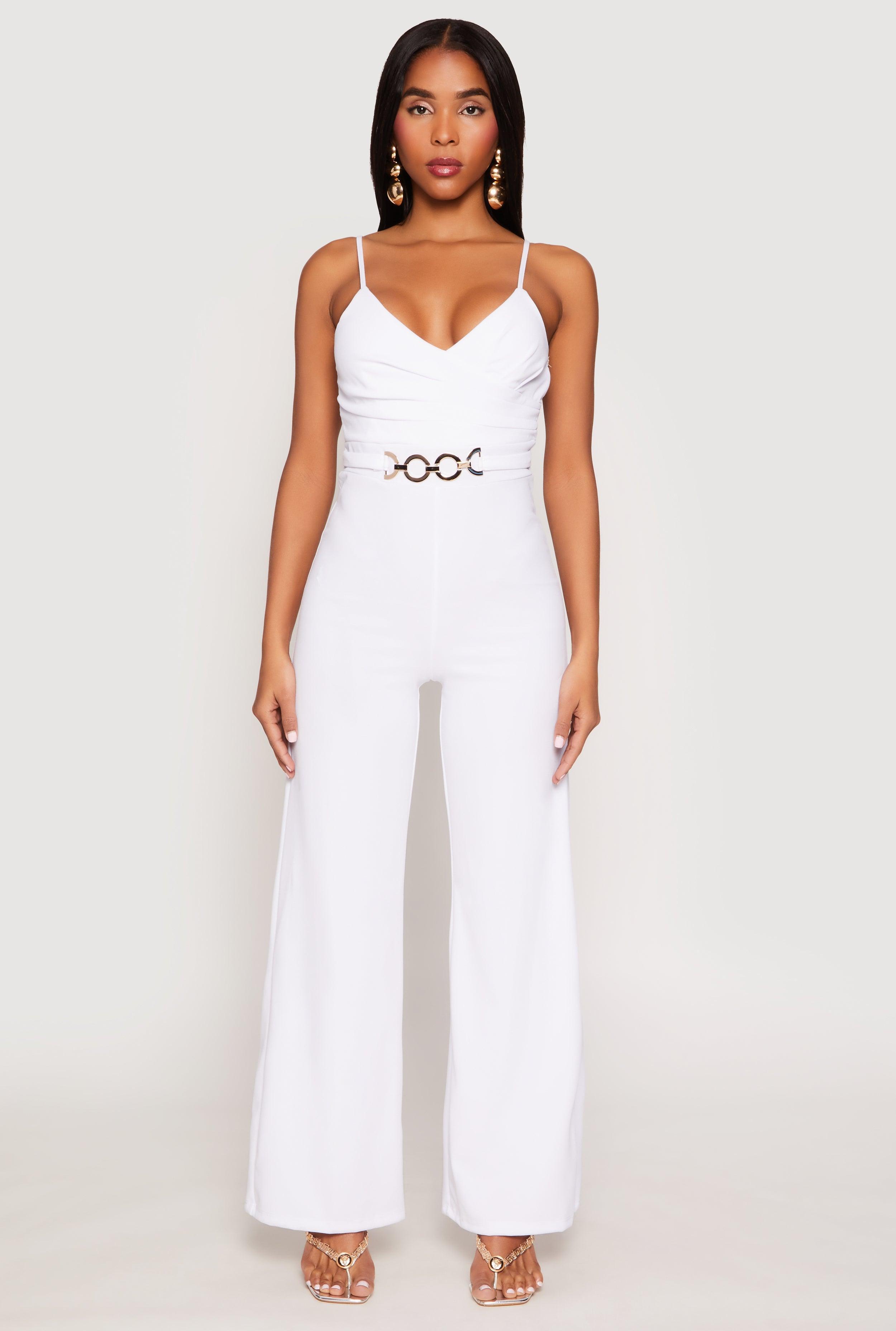 Womens Crepe Knit Chain Belted Front Jumpsuit Product Image