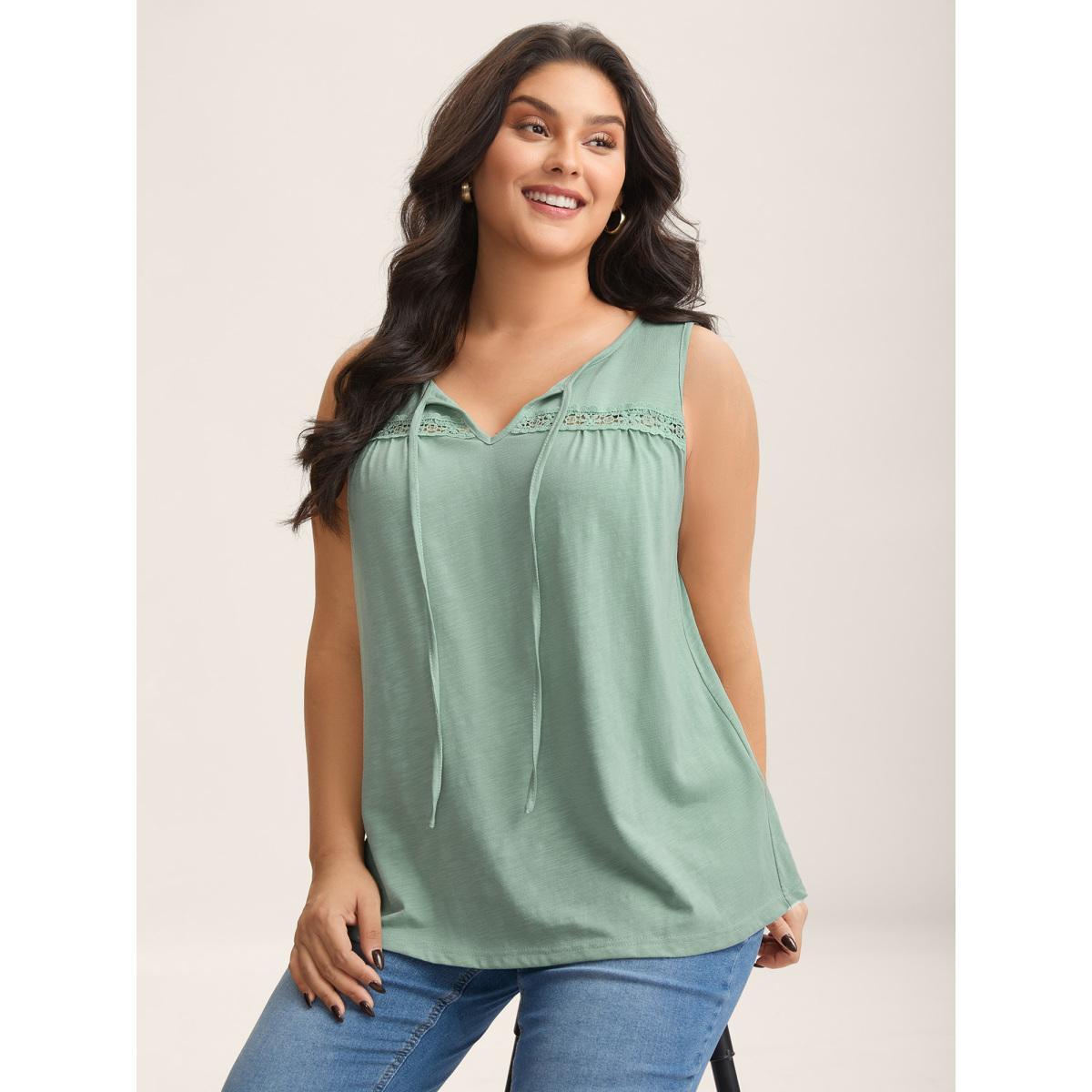 Plus Size Bamboo Cotton Stretchy Pleated Tank Top Women Greenbean Timeless Woven ribbon&lace trim Flat collar with V-notch Elegant Tank Tops Camis BloomChic 14-16/1X Product Image