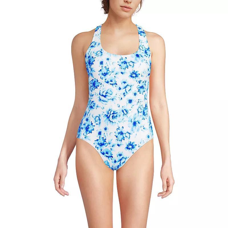 Women's Lands' End Long Torso X-Back High Leg Tugless One Piece Swimsuit, Size: 12 LONG, Black Plumeria Product Image