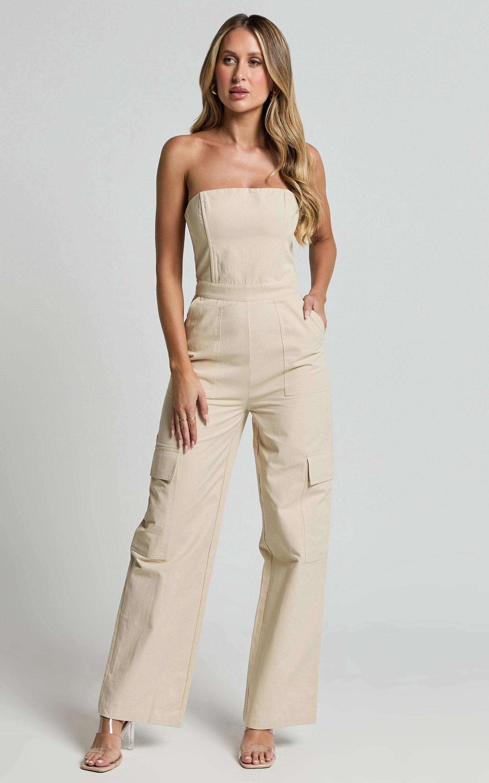 Nellia Jumpsuit - Strapless Straight Leg Cargo Jumpsuit in Stone Product Image