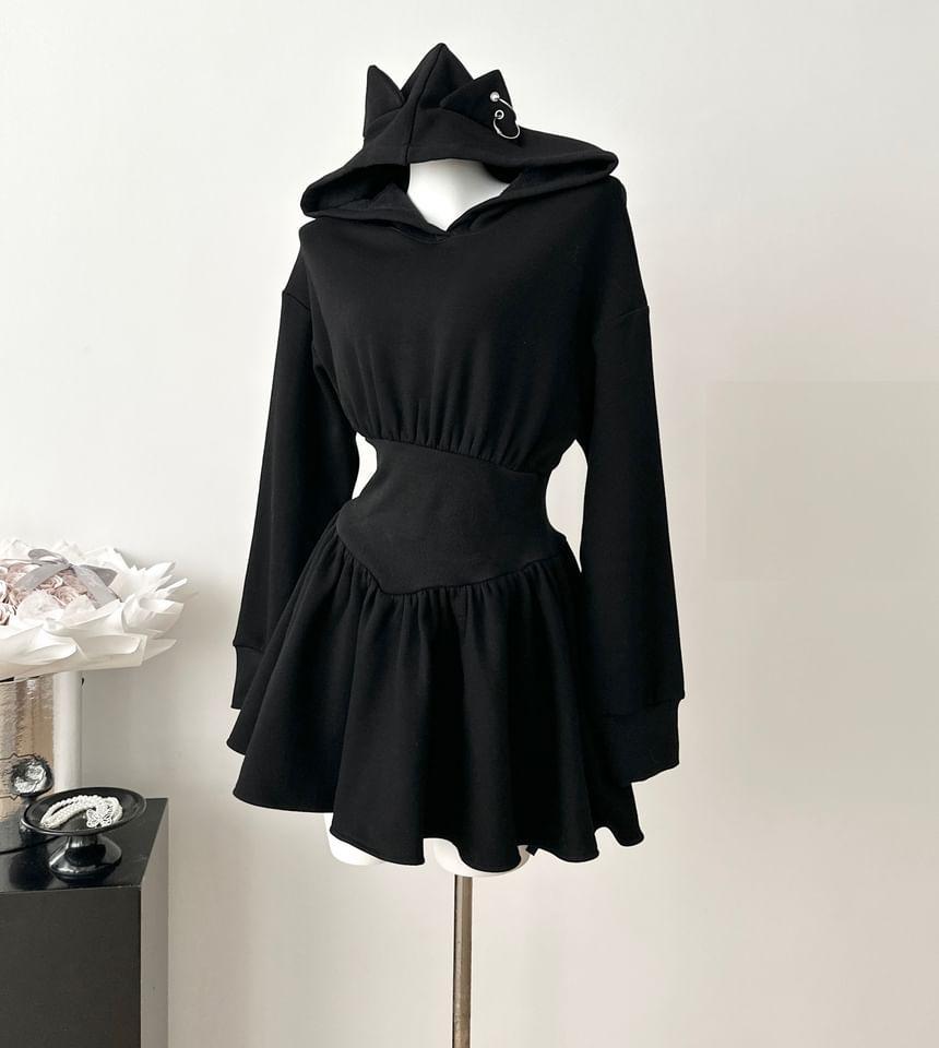 Long Sleeve Plain Ear Detail Mini A-Line Hoodie Dress Product Image