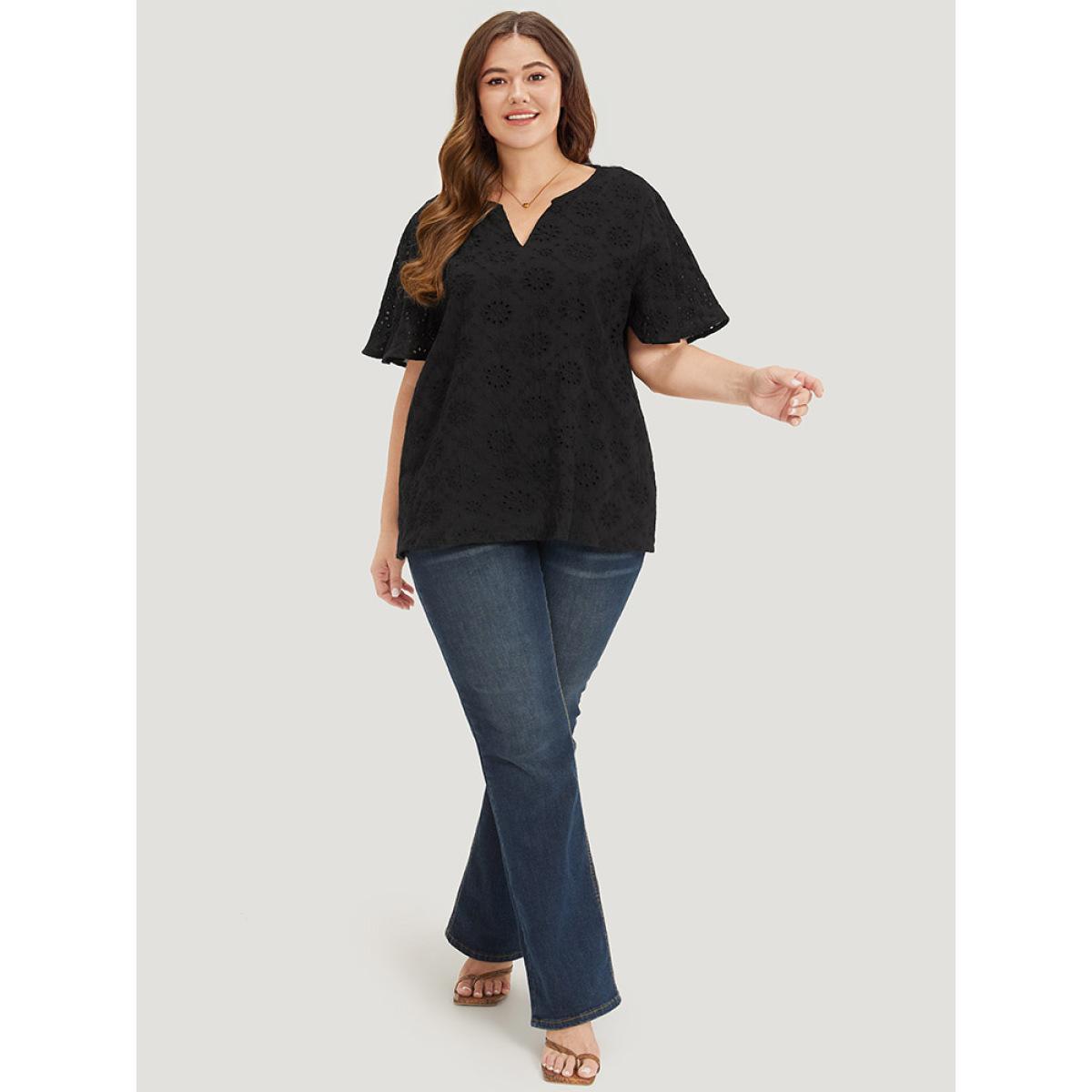 Plus Size Black Solid Broderie Anglaise Notched Ruffle Sleeve Blouse Women Vacation Short sleeve Notched collar Dailywear Blouses BloomChic 14-16/1X Product Image