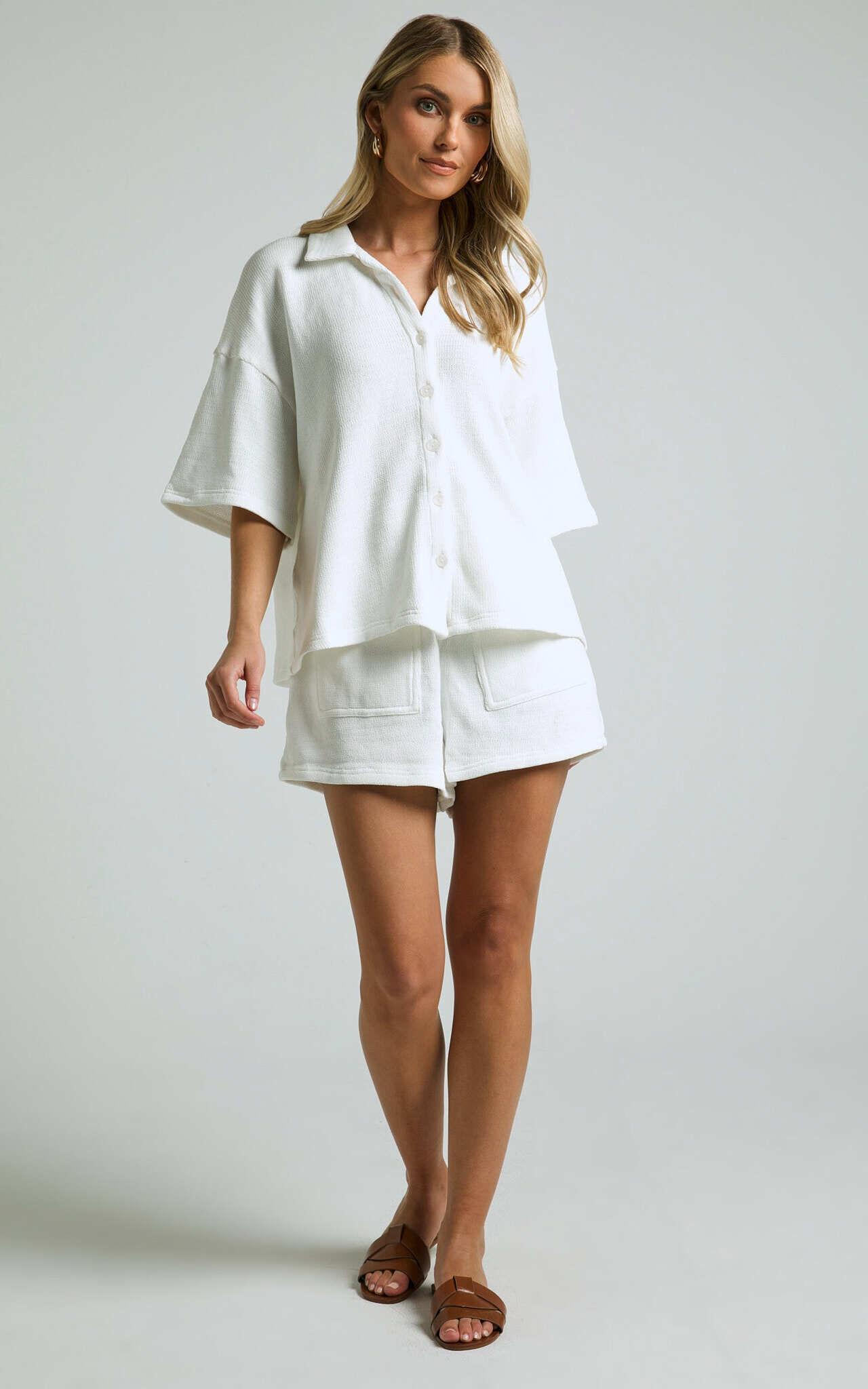 Kahlani Two Piece Set - Collared Short Sleeve and High Waisted Shorts in White Product Image