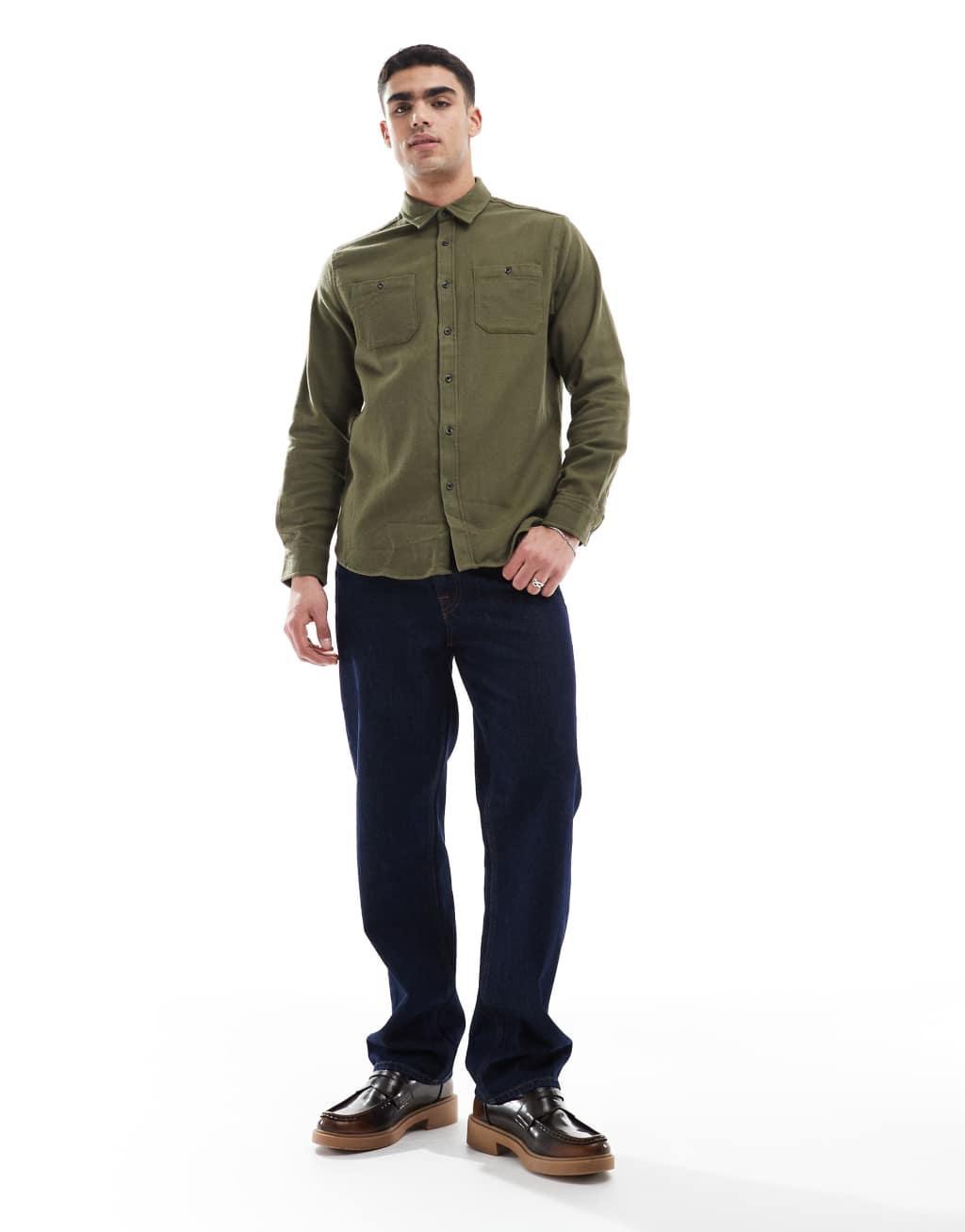 Threadbare brushed flannel overshirt in khaki Product Image