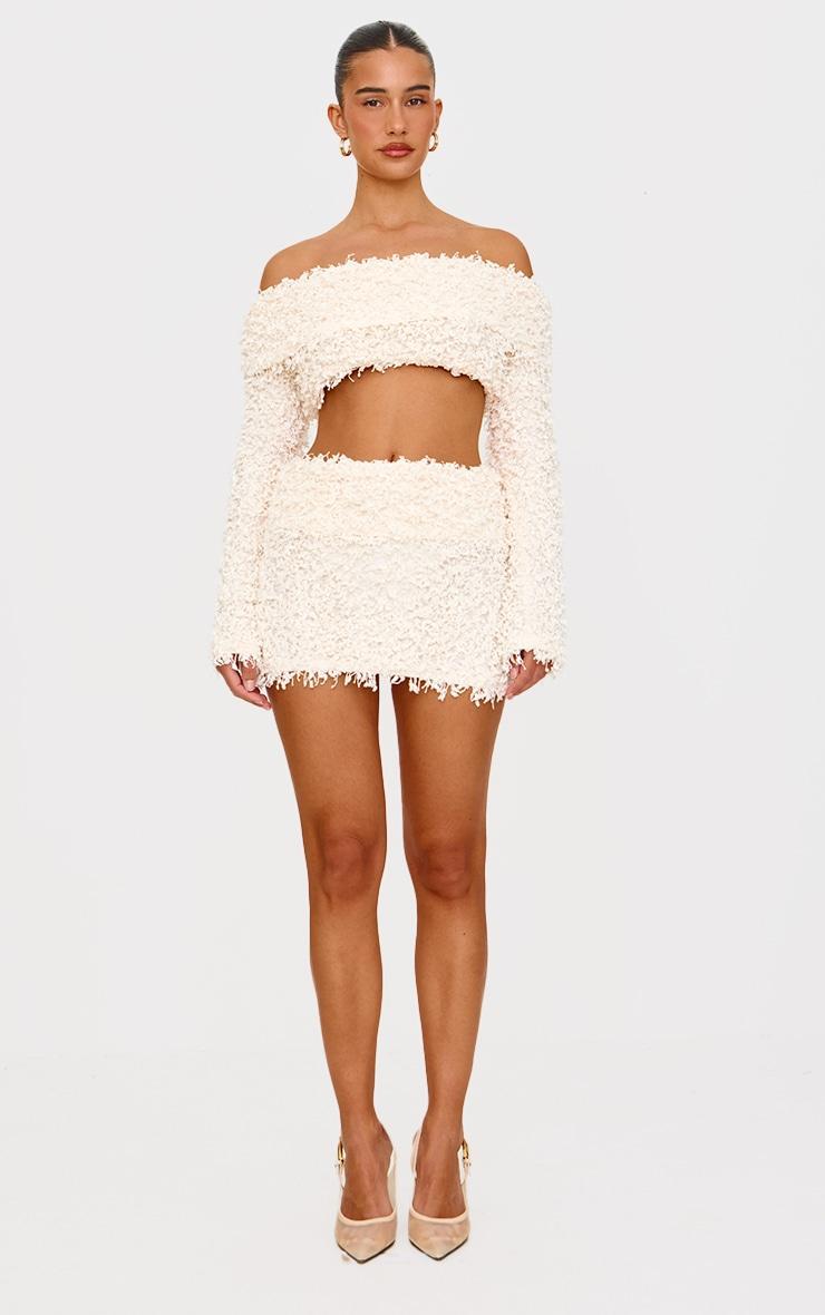 Cream Textured Fold Over Bardot Long Sleeve Crop Top Product Image