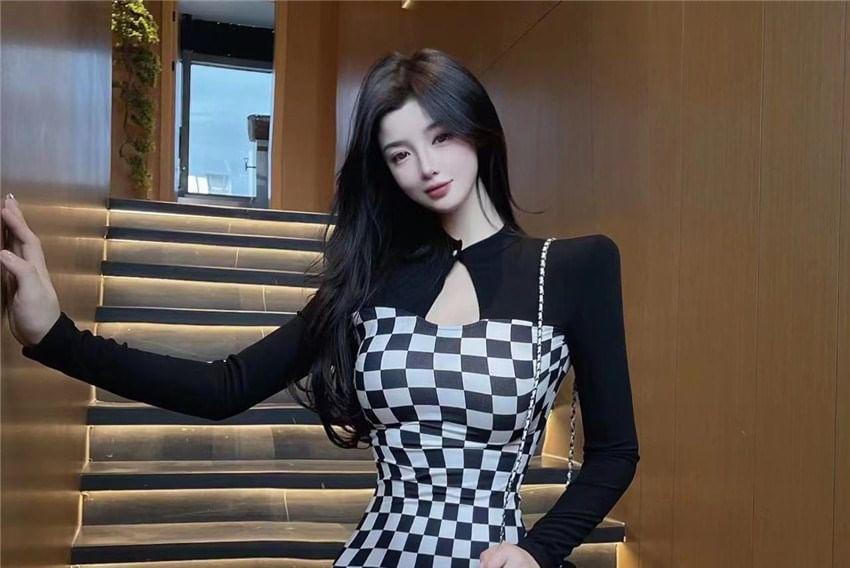 Long-Sleeve Stand Collar Checkerboard Cutout Slit Midi Bodycon Dress Product Image