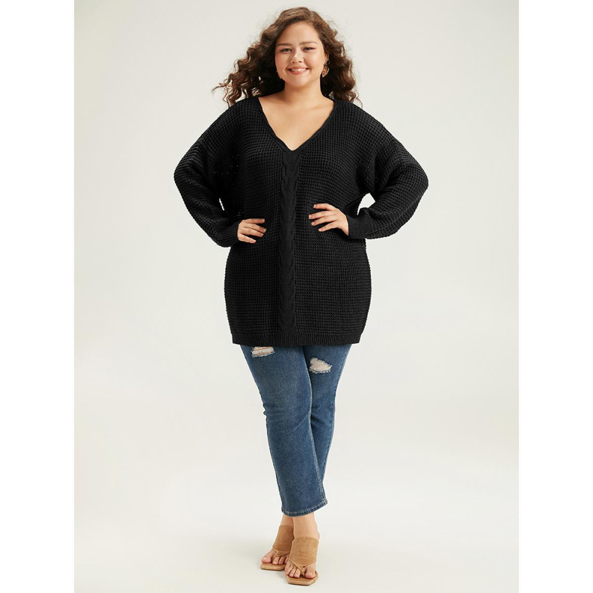 Plus Size Cable Knit Plain Elastic Cuffs Pullover Black Women Casual Loose Long Sleeve V-neck Dailywear Pullovers BloomChic 18-20/2X Product Image