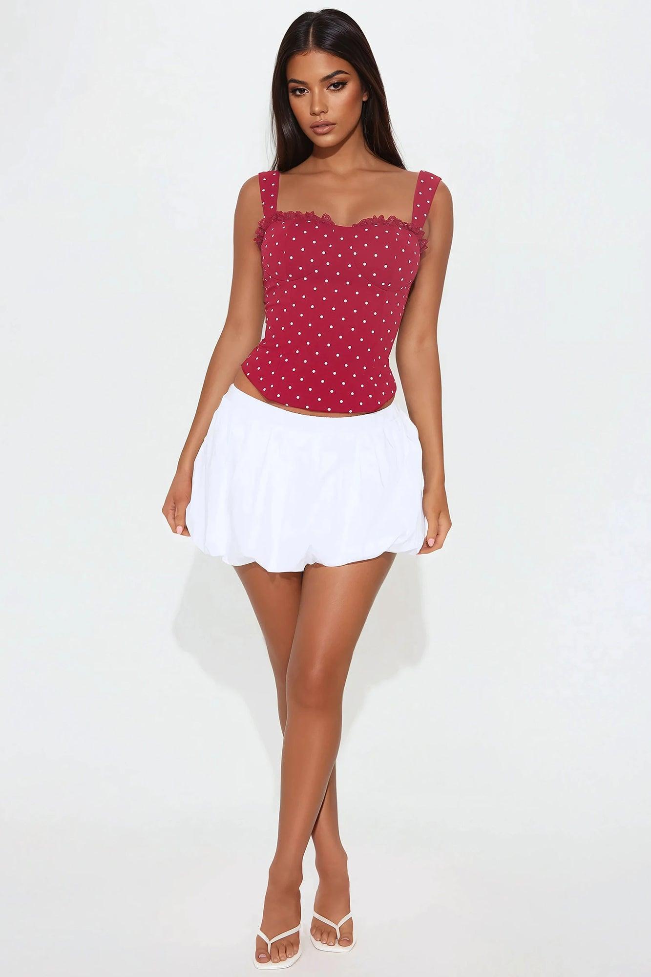 Pin-Up Girly Lace Trim Polka Dot Corset Top - Red/White Product Image