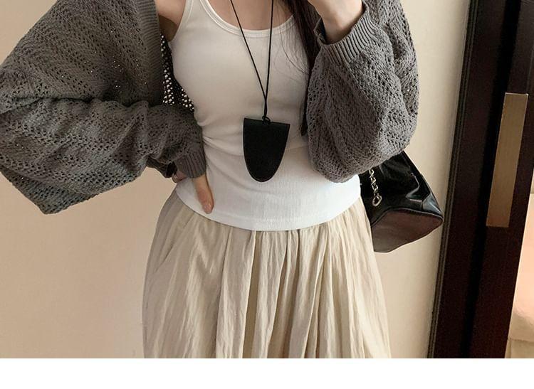 Puff-Sleeve Plain Pointelle Knit Cropped Cardigan Product Image