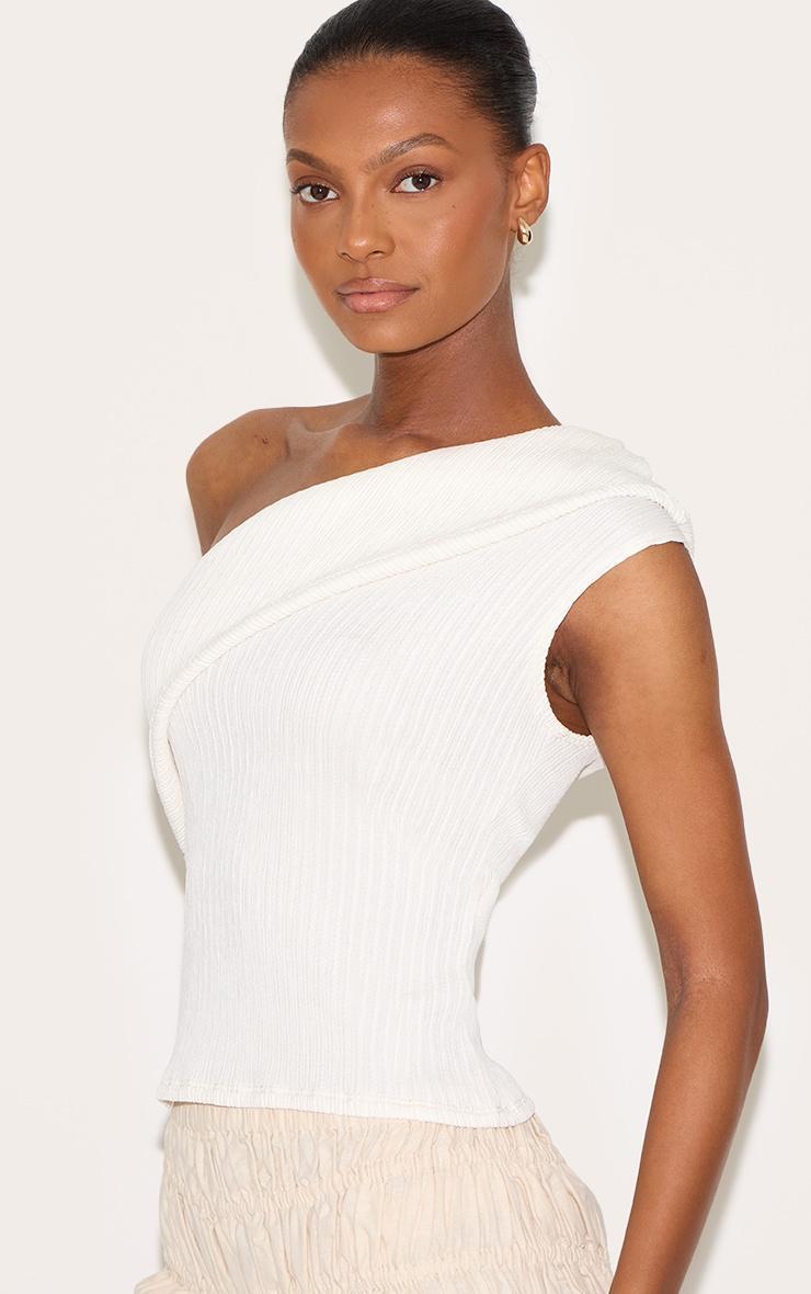 Cream Textured Fold Over One Shoulder Long Top Product Image