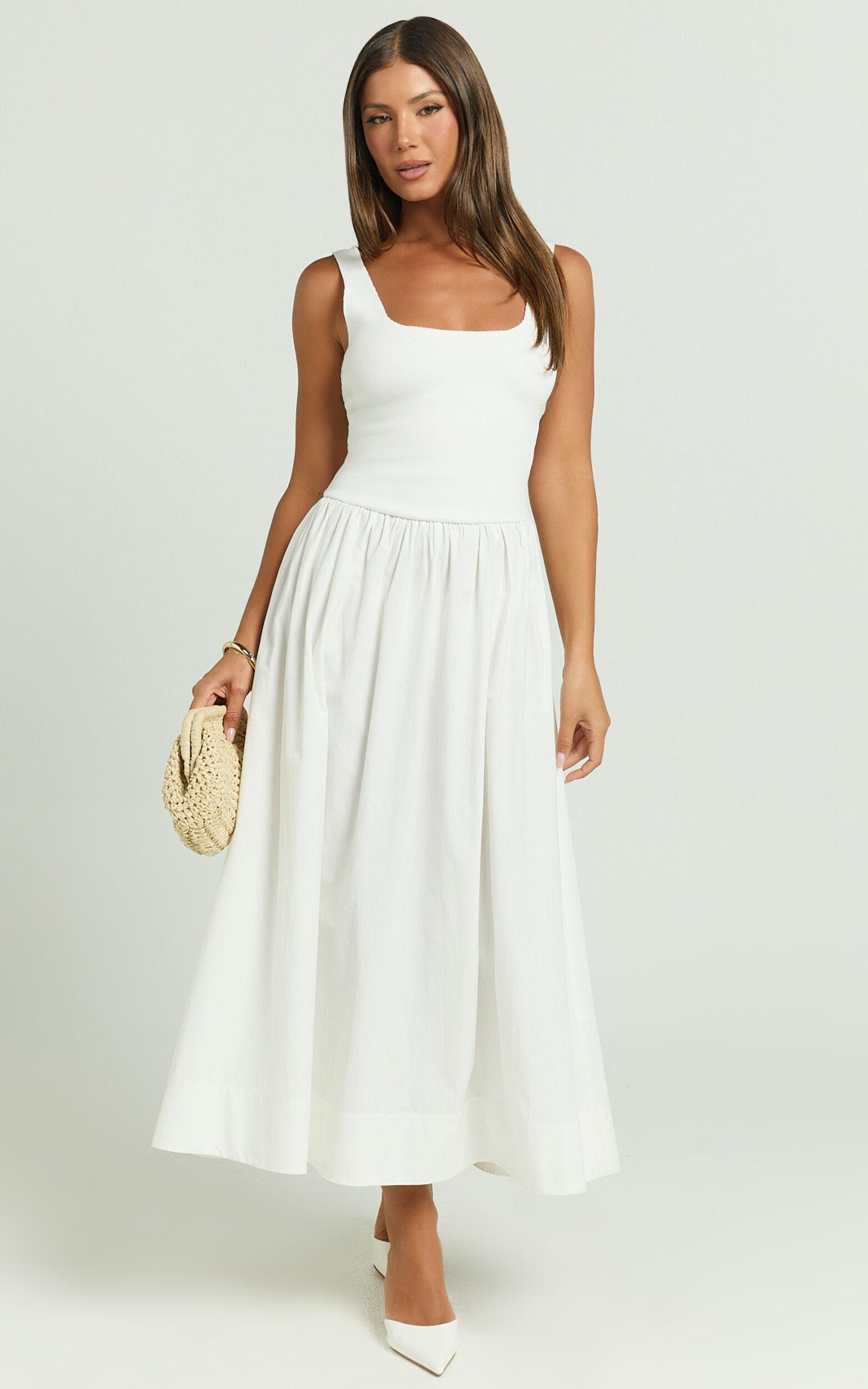 Murphy Midi Dress - Scoop Neck Straight Drop Waist Gathered Skirt Knit And Poplin Dress in White Product Image