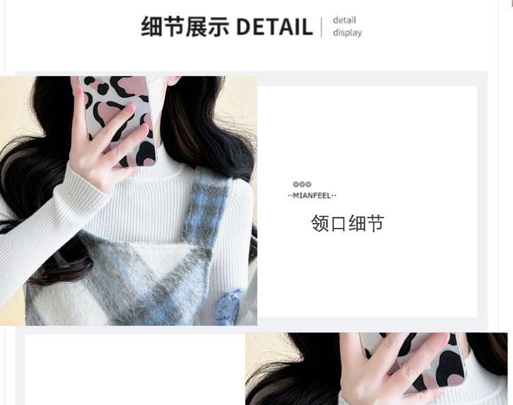 Maternity Long-Sleeve Mock Neck Plain T-Shirt / Square Neck Plaid Midi Dungaree Dress Product Image