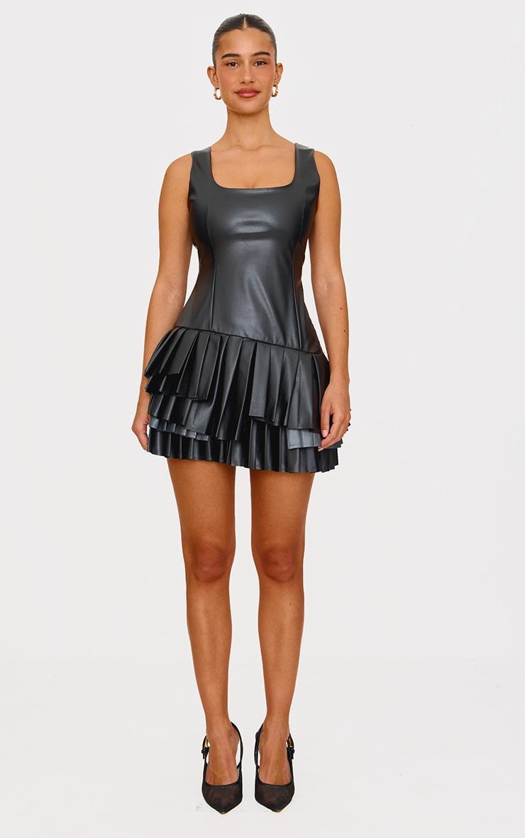 Black Faux Leather Pleated Asymmetric Mini Dress Product Image