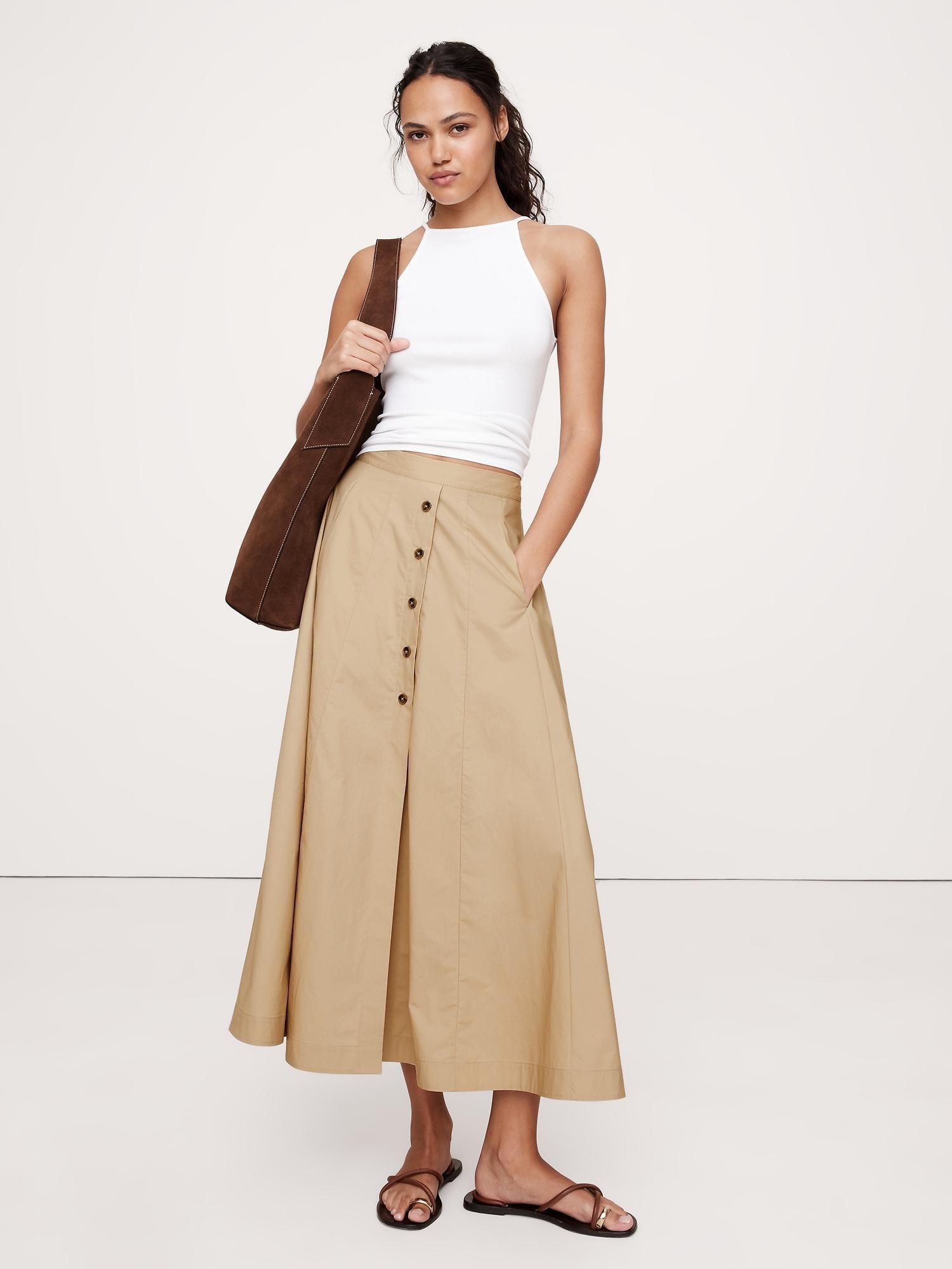 Cotton Poplin Button-Down Long Midi Skirt Product Image