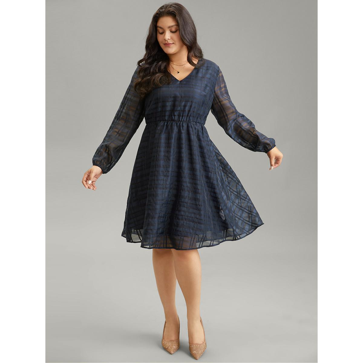 Plus Size Geometric Graphic Mesh Lantern Sleeve Dress DarkBlue Women Elegant Elastic cuffs V-neck Long Sleeve Curvy Midi Dress BloomChic 26/4X Product Image