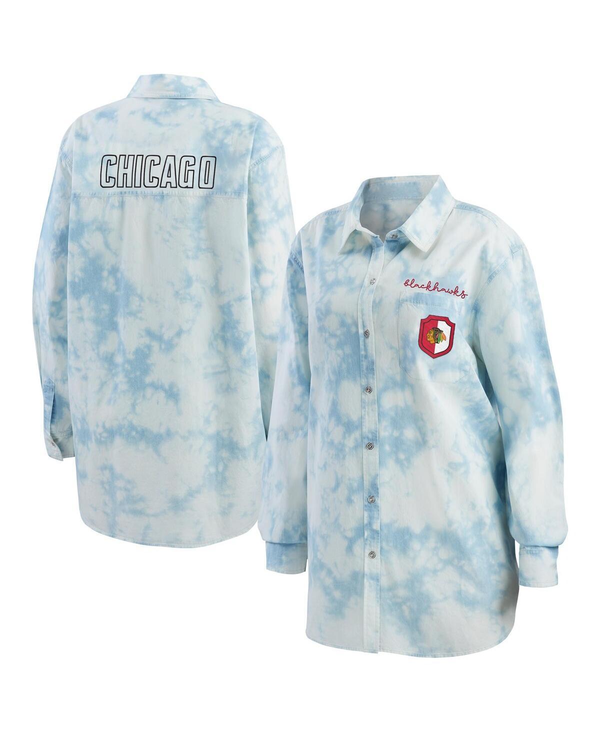 Womens WEAR by Erin Andrews Boston Bruins Oversized Tie-Dye Button-Up Denim Shirt Product Image