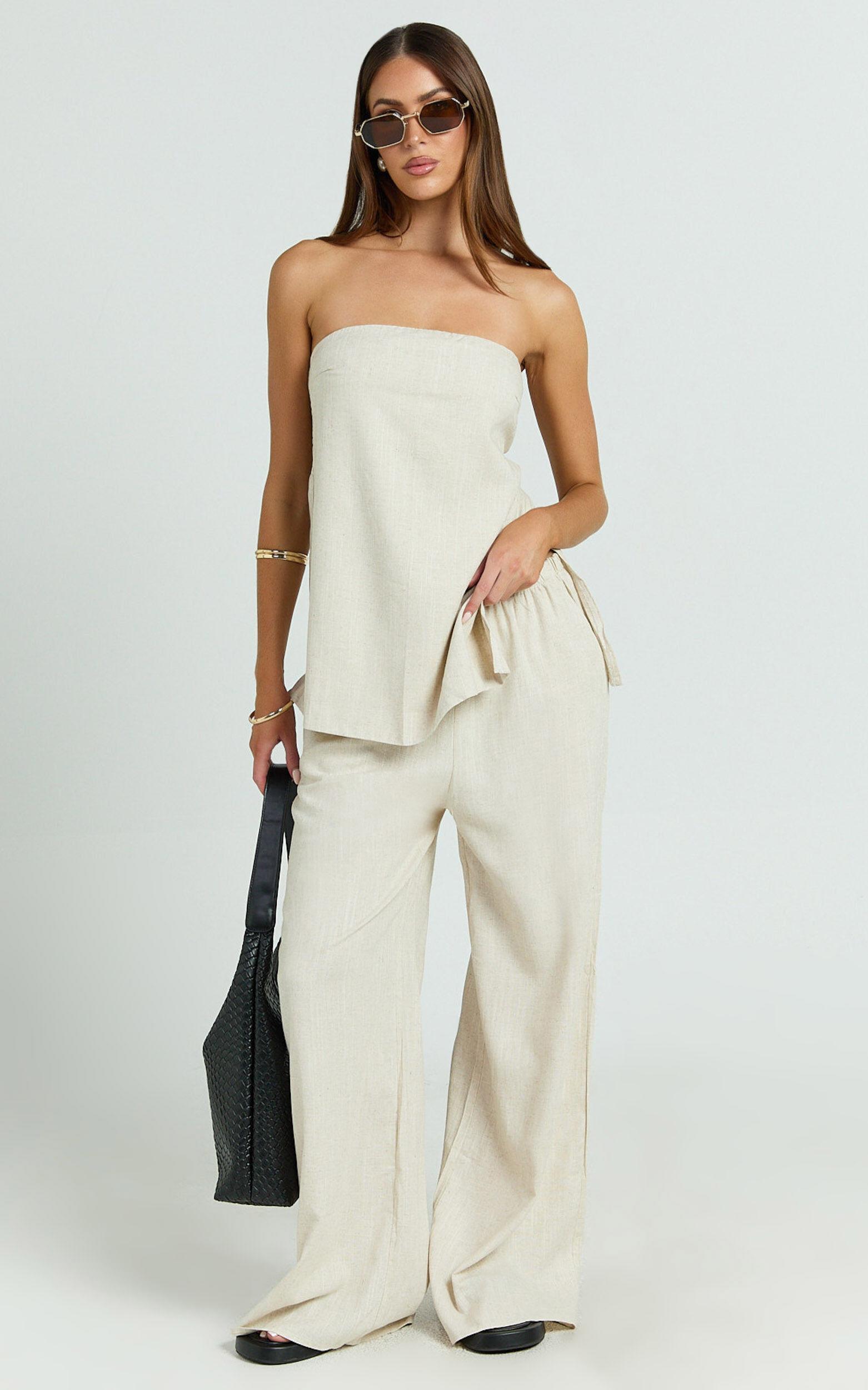 Kiesha Two Piece Set - Strapless Longline Top and Pants Set in Oatmeal Product Image