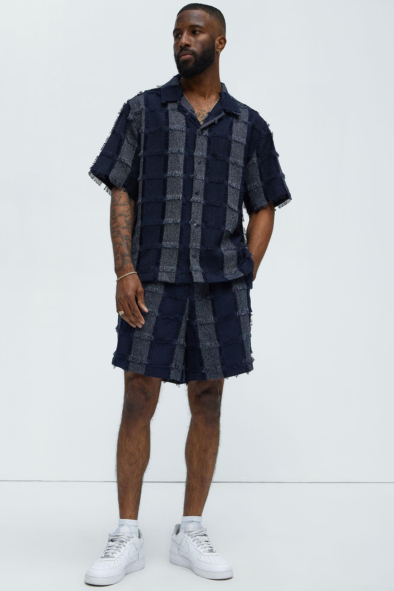 Fray Patchwork Like Shorts - Navy Product Image