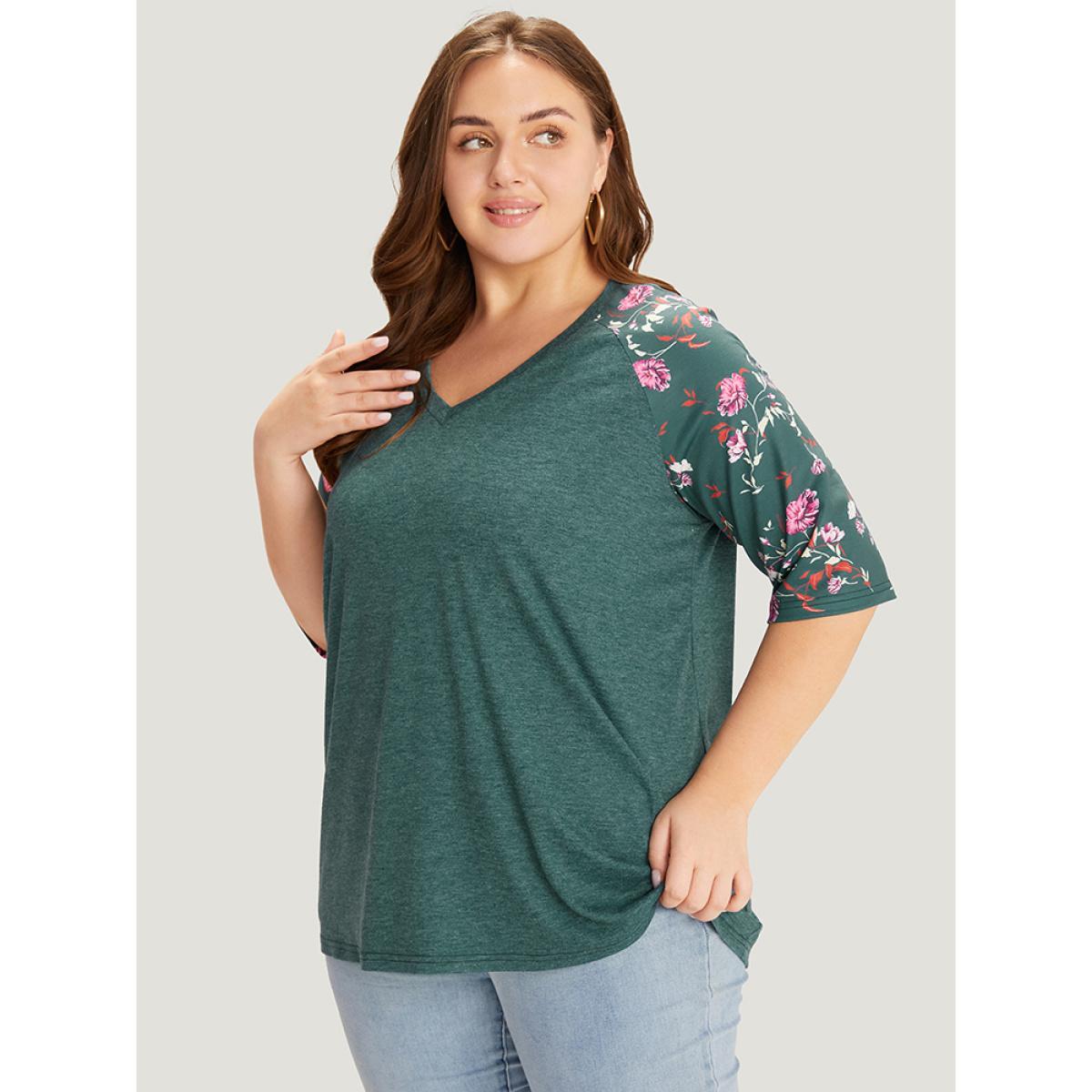 Plus Size Floral Patchwork Raglan Sleeve T-shirt DarkGreen Women Elegant Patchwork Floral V-neck Work T-shirts BloomChic 12/L Product Image
