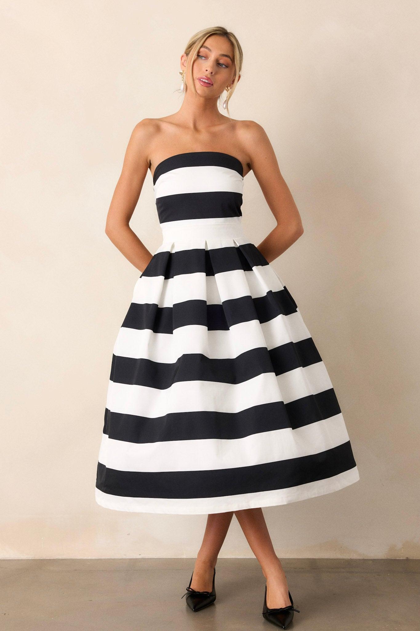 Crisp Contrast Black & White Stripe Strapless Midi Dress Product Image