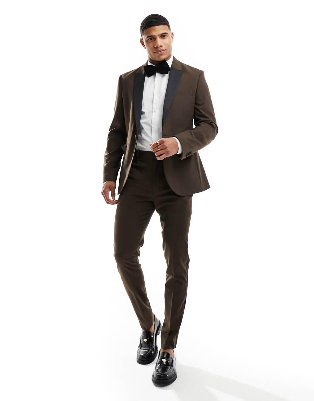 ASOS DESIGN skinny tuxedo suit jacket in brown Product Image