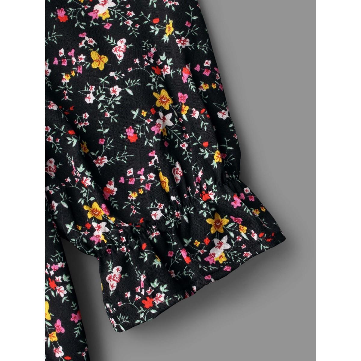 Plus Size Black Ditsy Floral Heart Neckline Gathered Blouse Women Elegant Long Sleeve Heart neckline Everyday Blouses BloomChic 28/5X Product Image