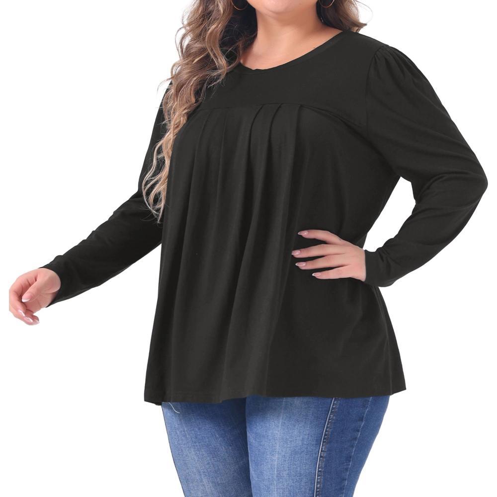 Agnes Orinda Women's Plus Size Loose Long Sleeve Dressy Pleated Round Neck Casual Blouses Black 2X Product Image