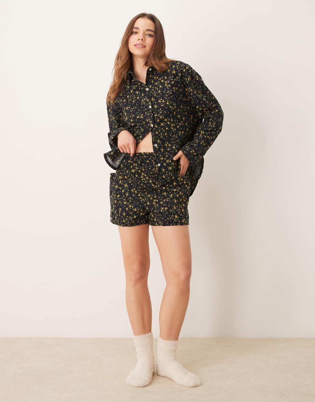 Free People printed satin pajama set in black Product Image