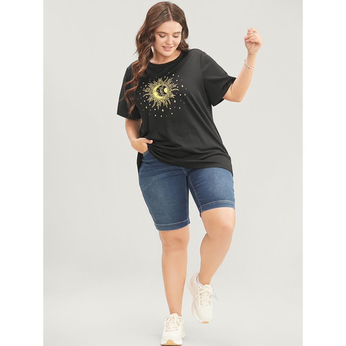 Plus Size Moon And Star Round Neck T-shirt DimGray Women Casual Printed Star and moon Dailywear T-shirts BloomChic 14-16/1X Product Image