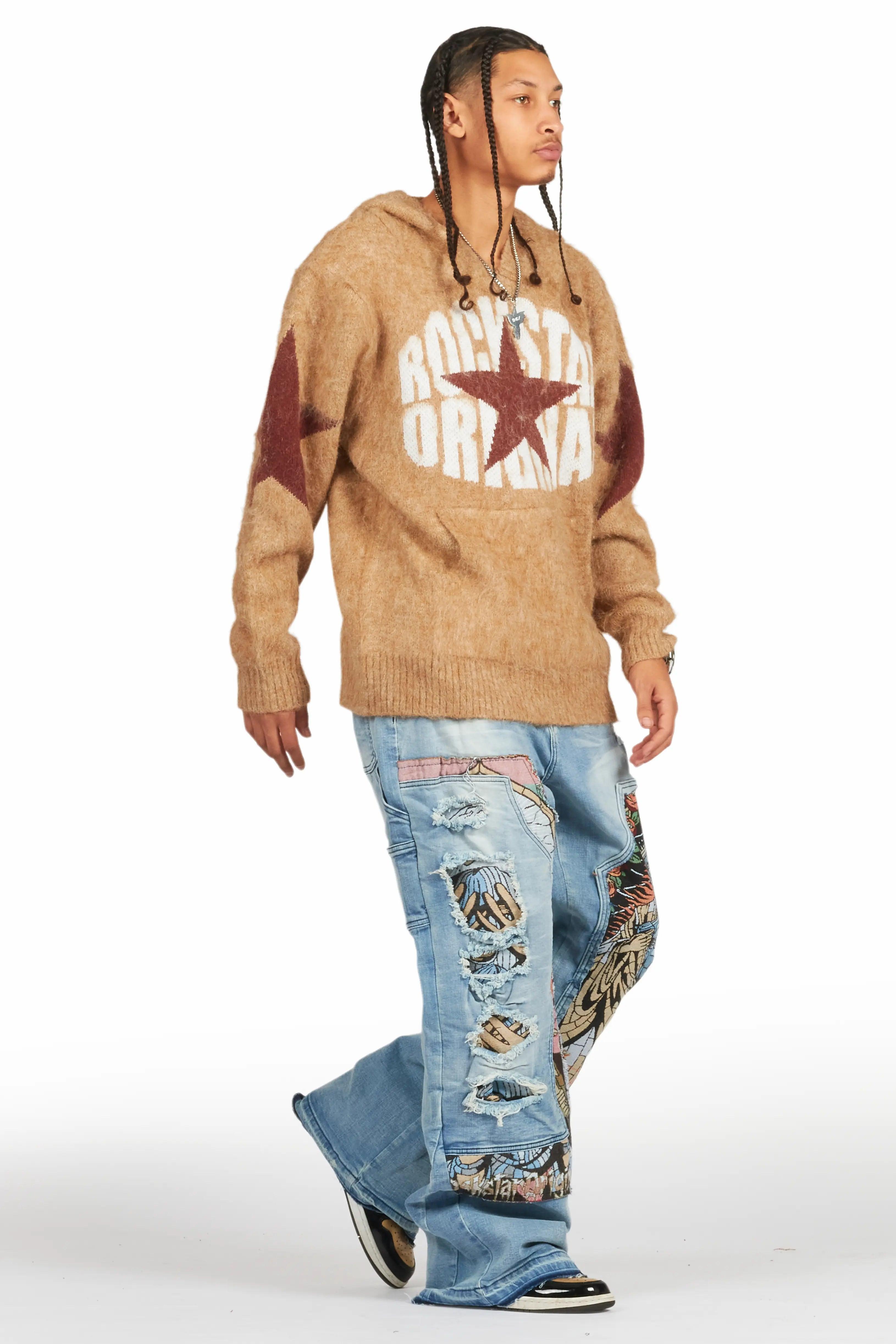 States Brown Graphic Knitted Mohair Hoodie Male Product Image