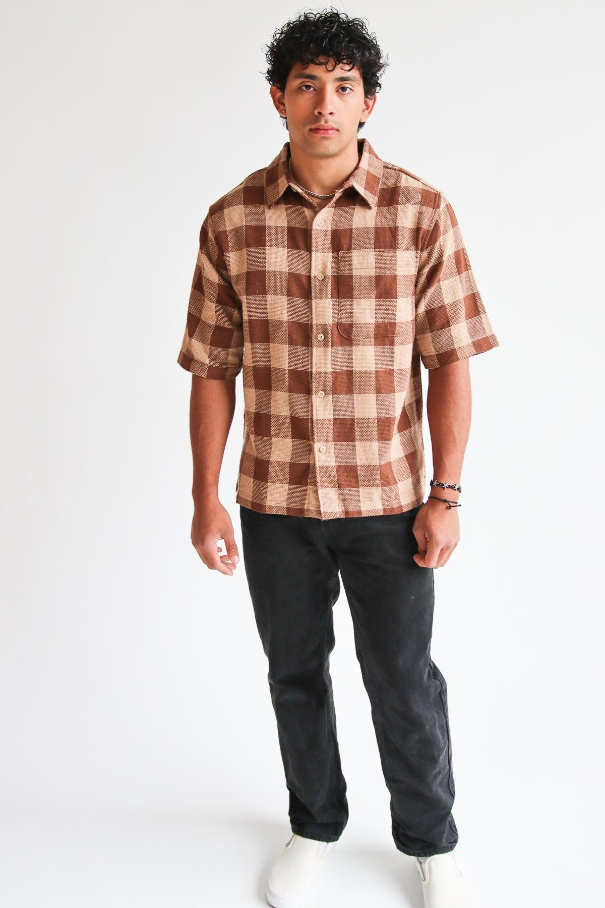 Brown Check Woven Knit Button Up Shirt Product Image