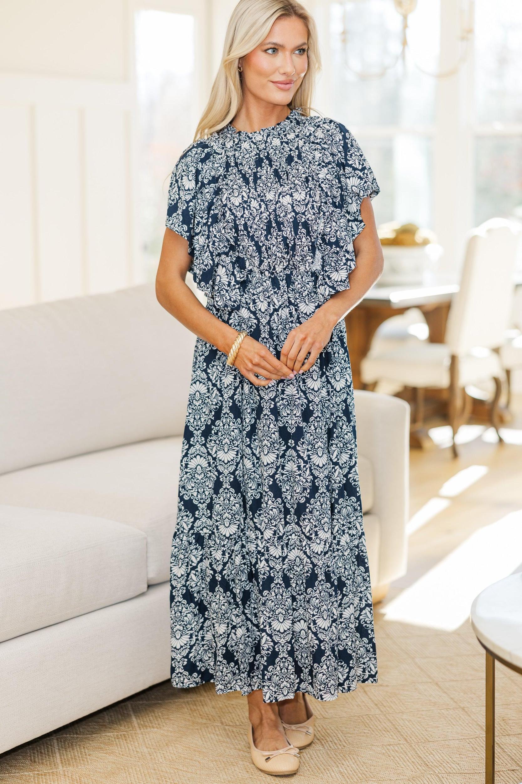 NURSING COLLECTION: All The Good Navy Damask Ruffled Midi Dress Female Product Image